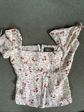 Reformation Cream Floral Square Neck Puff Sleeve Top